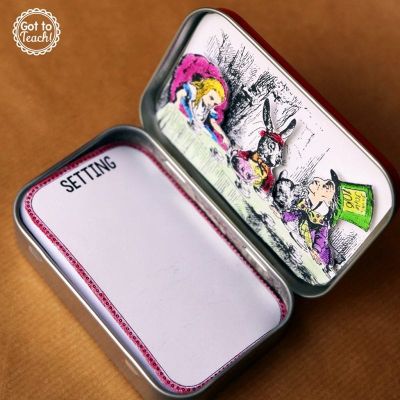 a stamp tin is an illustration from Alice in Wonderland on the indoors the the top press labelled notecards inside