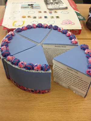 A purple birthday cake made get of a foam block and colored art cut into wedges. On each wedge is a written paragraph.