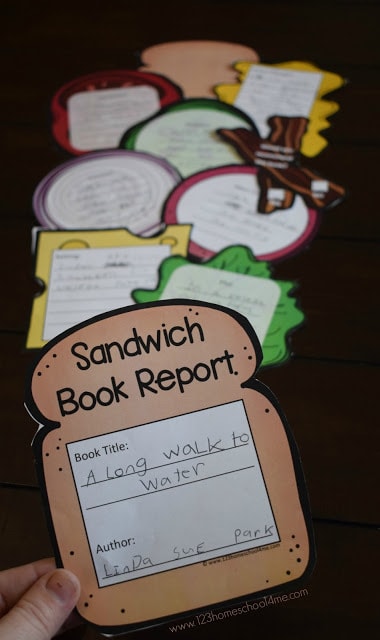 a sandwich book report on different pieces of colorless paper acting in add for the sandwich, favorite lettuce, onion and tomato. Each ingredient have a written part of who book report. 